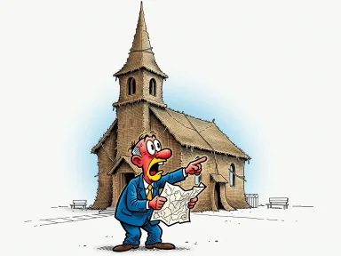 En person står förvånad framför en kyrka som är helt inslagen i säckväv.