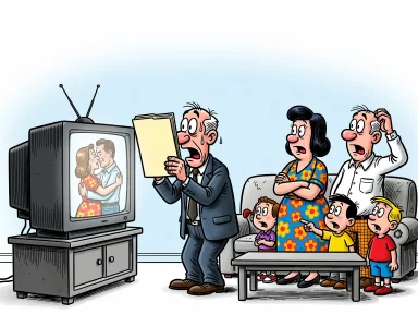 En försäkringsman står framför en tv där ett kärlekspar syns i en omfamning och håller upp sin pärm som ett skydd.