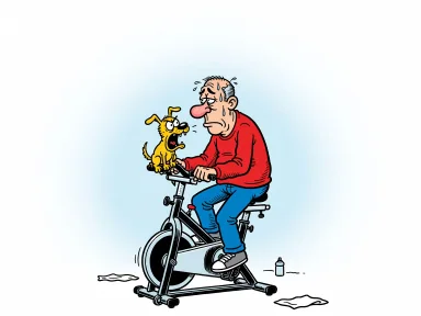 En person tränar på en dyr maskin där en hund skäller på honom.