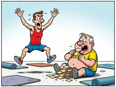 En klient sitter och äter kex medan tränaren gör aerobiska rörelser.