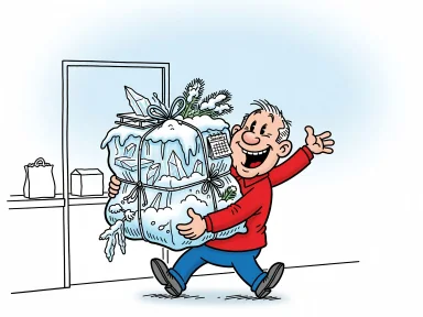 En glad kund bär ut en stor paket med snö och vinter från affärens rea.