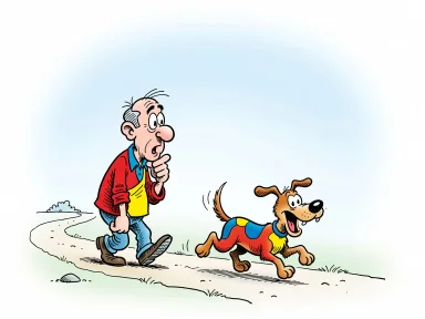 En fundersam man promenerar med handen vid hakan och hans hund springer fram mot honom.