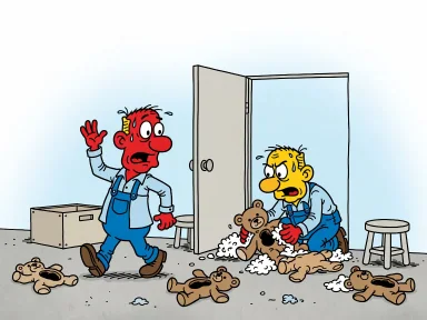 En person gör en avvisande gest och går bort från en nallefabrik där en arbetare ensam kämpar med att stoppa björnar.
