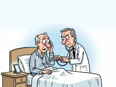 En läkare undersöker en trött patient som ligger i säng med en mobiltelefon bredvid på nattduksbordet.
