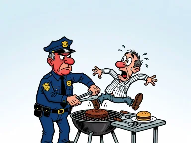 En polis grillar en tjuv ordentligt på en grill bredvid en hamburgare.