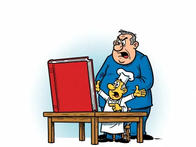 En liten kock står bredvid en stor kokbok och pekar på sig själv.