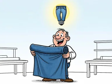 En glad uppfinnare i en verkstad håller upp ett stort stycke blått jeanstyg med en glödlampa formad som jeans över huvudet.