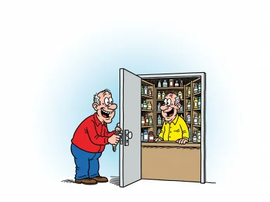 En glad man öppnar dörren till en liten butik där han själv står bakom disken med medicinflaskor.