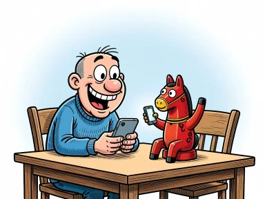 En glad figur tittar på sin telefon med stora ögon och ett leende medan en dalahästvåg viftar med hoven bredvid.