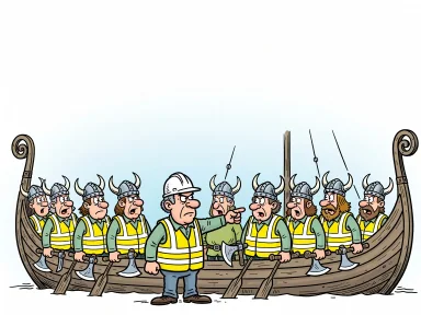 En man i reflexväst och hjälm stoppar vikingar vid ett långskepp och pekar på deras huvudbonader.