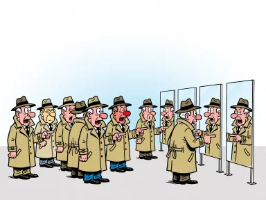 Flera män i trenchcoats och hattar tittar förvirrat på speglar.