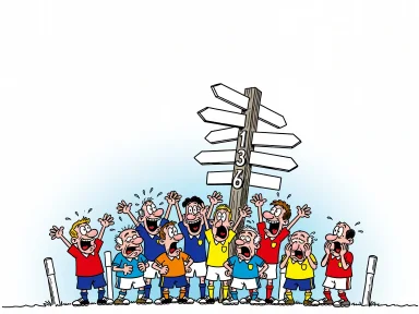Fotbollsspelare jublar och sörjer framför en stor vägvisare med pilar och siffror.