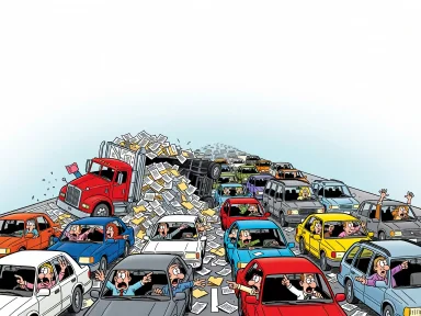 En lastbil har vält och spridit ut massor av papper över motorvägen där bilarna fastnat i röran.